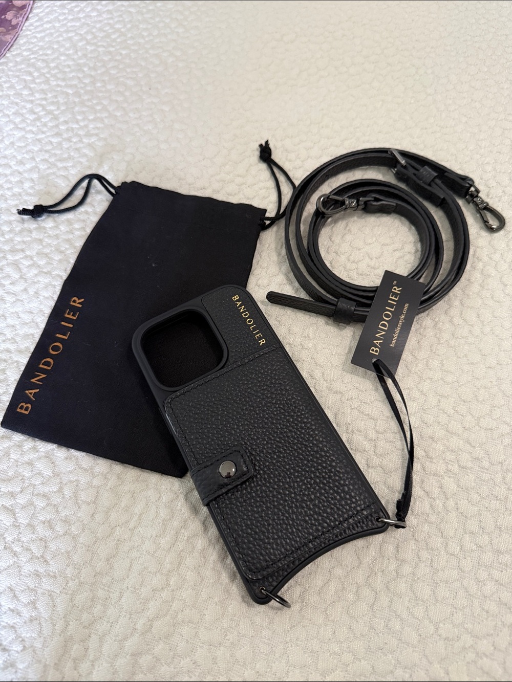 Bandolier Black Pebbled Leather Crossbody Phone Case with Strap